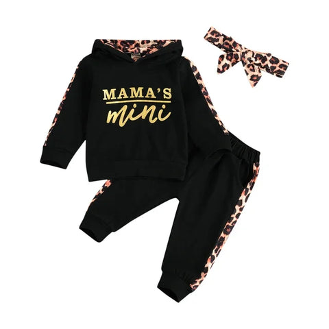 Infant Baby Girl 3-Piece Outfit Set - Hooded T-shirt, Long Pants, and Headband - Letter Print, Leopard Stitching - Spring/Fall Clothes - Honesty Sales U.K