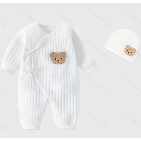 All Seasons Newborn Baby Boy Girl Romper 100% Pure Cotton Soft Cartoon Bear Bodysuit with Hat - Honesty Sales U.K