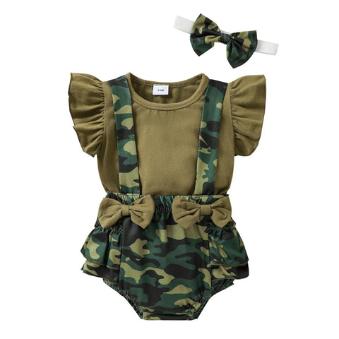 Baby Girls 3-Piece Camo Outfit Set with Sleeveless Romper, Suspender Shorts, and Bow Headband - Honesty Sales U.K