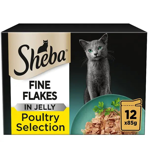 SHEBA® Fine Flakes Adult Wet Cat Food Poultry Selection in Jelly 12 x 85g Pouch (Case of 4)  Honesty Sales U.K