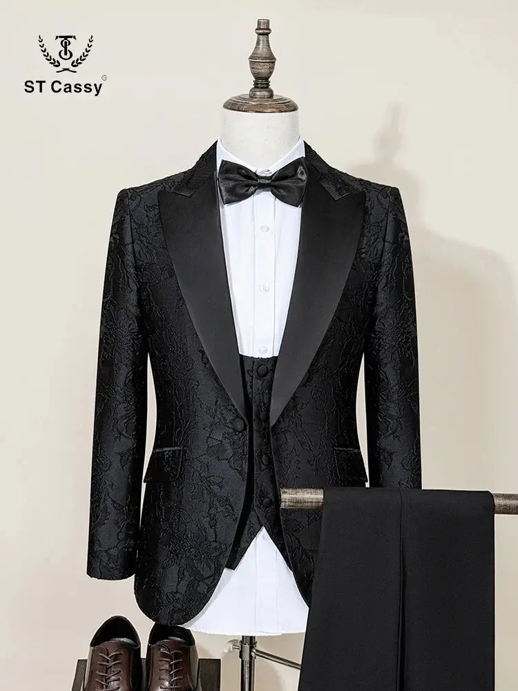 ST Cassy Men’s Black Retro Carved Tuxedo Suit – Slim Fit 3-Piece Wedding & Prom Set  Honesty Sales U.K Hauptbild