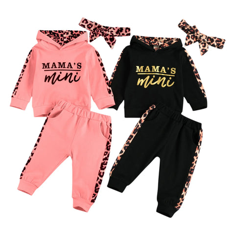 Infant Baby Girl 3-Piece Outfit Set - Hooded T-shirt, Long Pants, and Headband - Letter Print, Leopard Stitching - Spring/Fall Clothes - Honesty Sales U.K