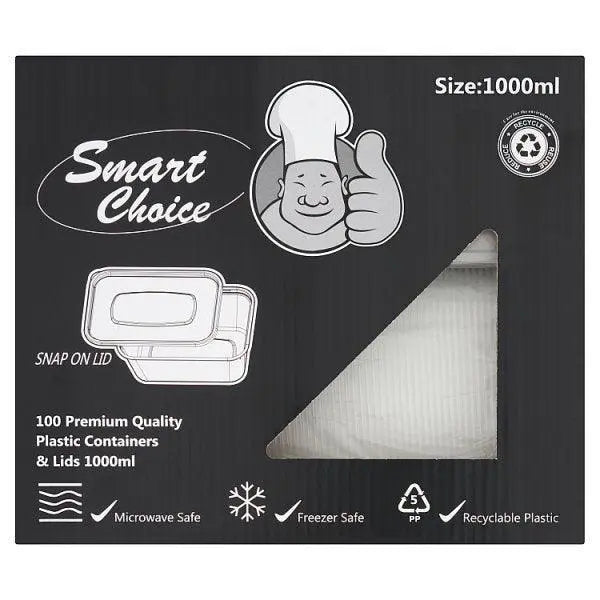 Smart Choice 100 Premium Quality Plastic Containers & Lids 1000ml - Sets of 100 - Honesty Sales
