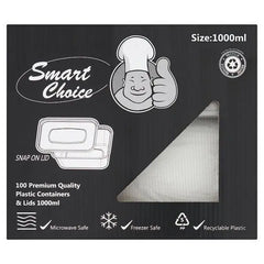 Smart Choice 100 Premium Quality Plastic Containers & Lids 1000ml - Sets of 100 - Honesty Sales