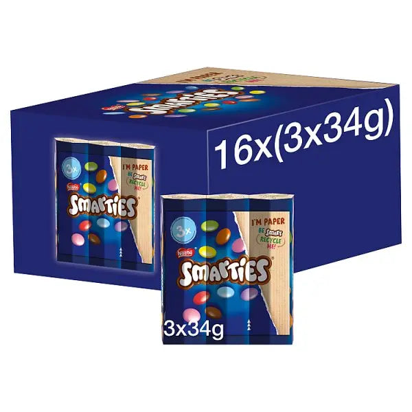 Smarties Milk Chocolate Tube 3 Pack Multipack 102g (Case of 16) Smarties