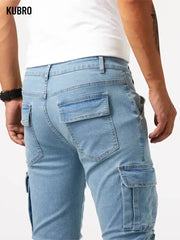Street Elastic Jeans Men Denim Cargo Pants Wash Solid Color Multi Pockets Casual Mid Waist Trousers Slim Fit Daily Wear Joggers Dropshipman