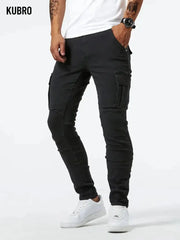 Street Elastic Jeans Men Denim Cargo Pants Wash Solid Color Multi Pockets Casual Mid Waist Trousers Slim Fit Daily Wear Joggers Dropshipman