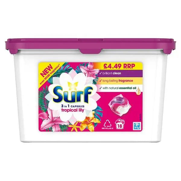 Surf Washing Capsules Tropical Lily 3 in 1 Capsules 18 washes (Case of 3) - Honesty Sales U.K Image principale du produit