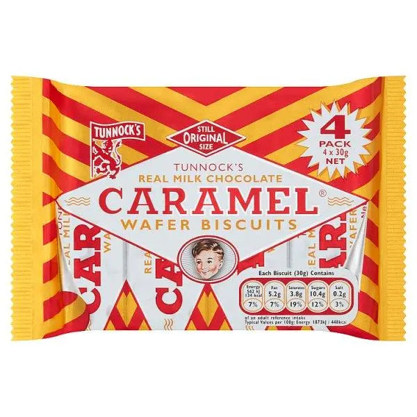 Tunnock's Real Milk Chocolate Caramel Wafer Biscuits 4 x 30g (Case of 20) - Honesty Sales U.K Image principale du produit