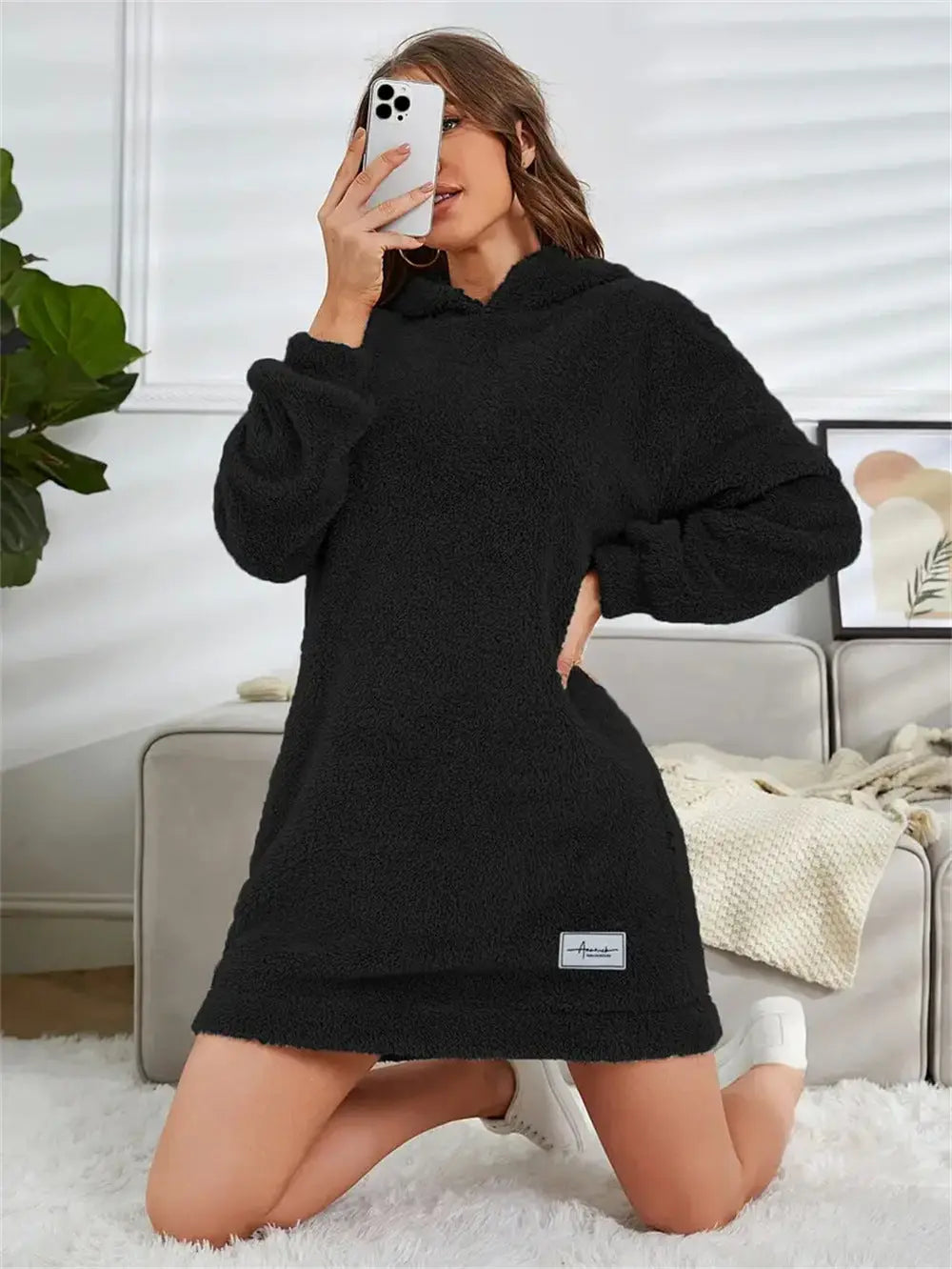 Women's Hooded Long Sleeve Plush Dress Secondary image
