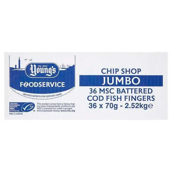 Youngs Chip Shop Jumbo MSC Battered Cod Fish Fingers 36 x 70g (2.52kg) - Honesty Sales Image principale du produit