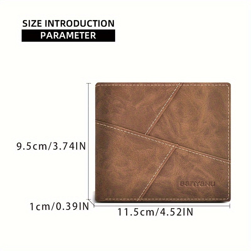 Men’s Ultra-Thin Faux Leather Wallet – Vintage Brown Double-Fold with Geometric Pattern, Compact & Stylish