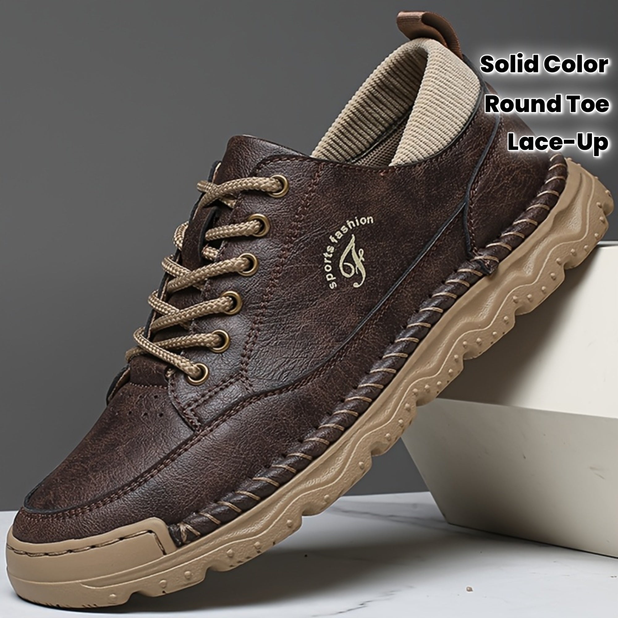 LZDZN Men’s Handmade Casual Sneakers & Loafers – Round Toe Lace-Up, All-Season, Solid Colors (Black, Brown, Grey)