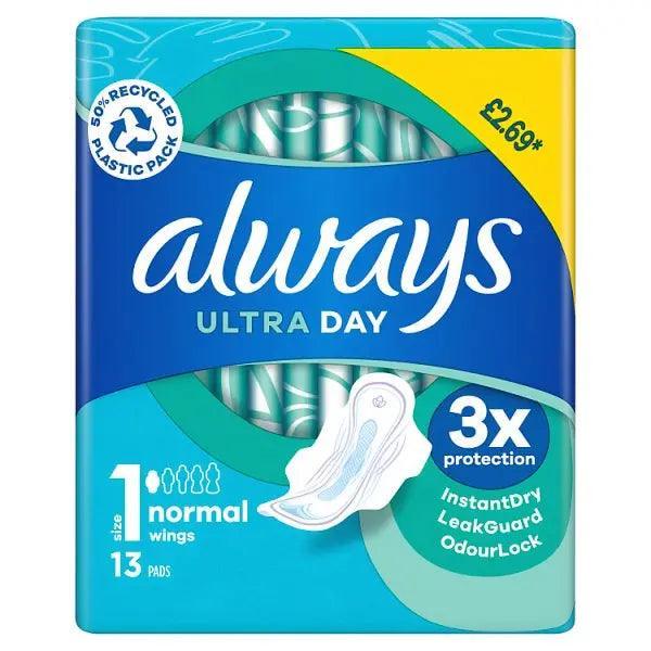 Always Ultra Day Pads Normal (S1) Wings x13 [PM £2.69 ] (Case of 24) - Honesty Sales