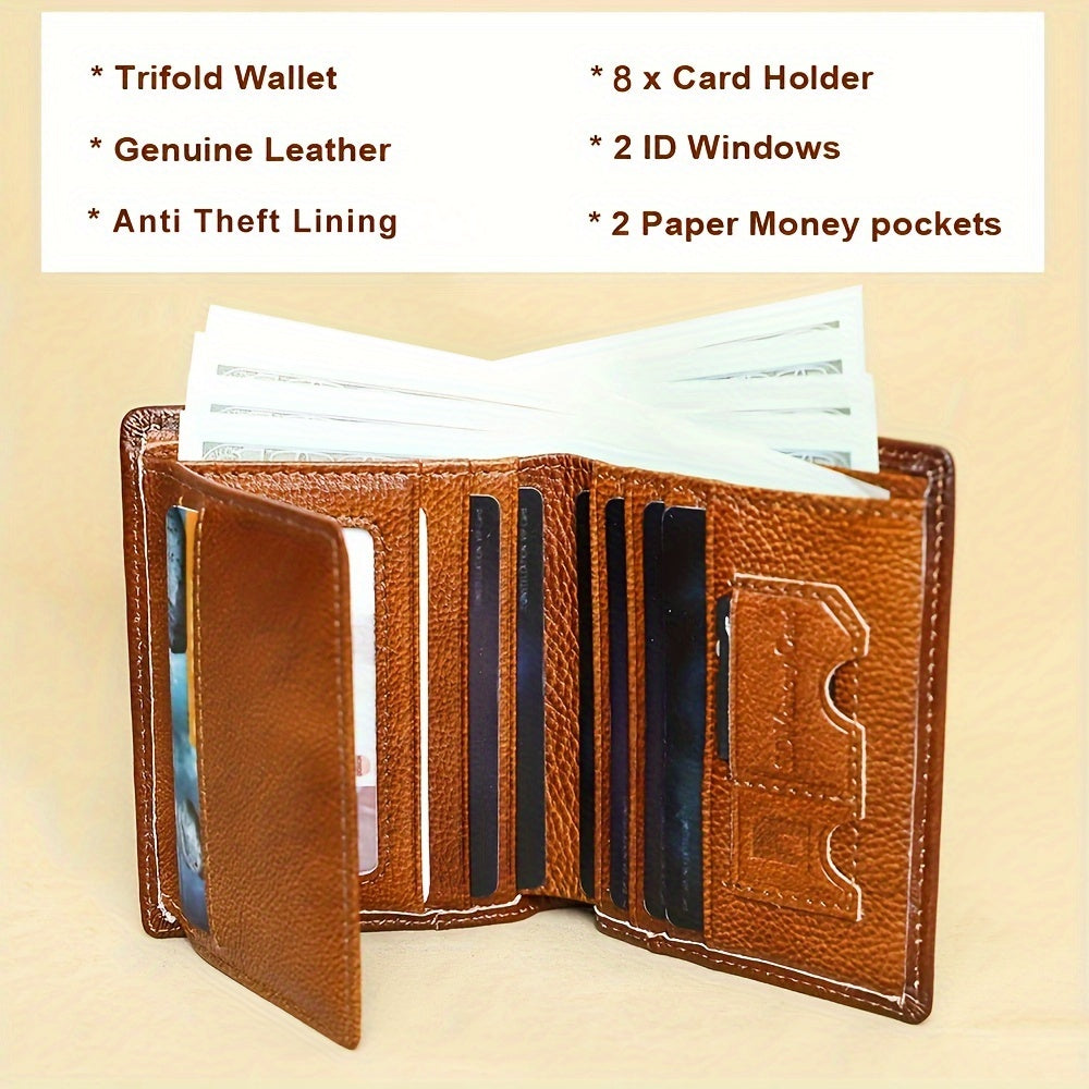 Men’s Genuine Leather Folding Wallet – Anti-Theft Design with ID Window, Deep Cash Compartment & Multi-Card Slots Image secondaire du produit