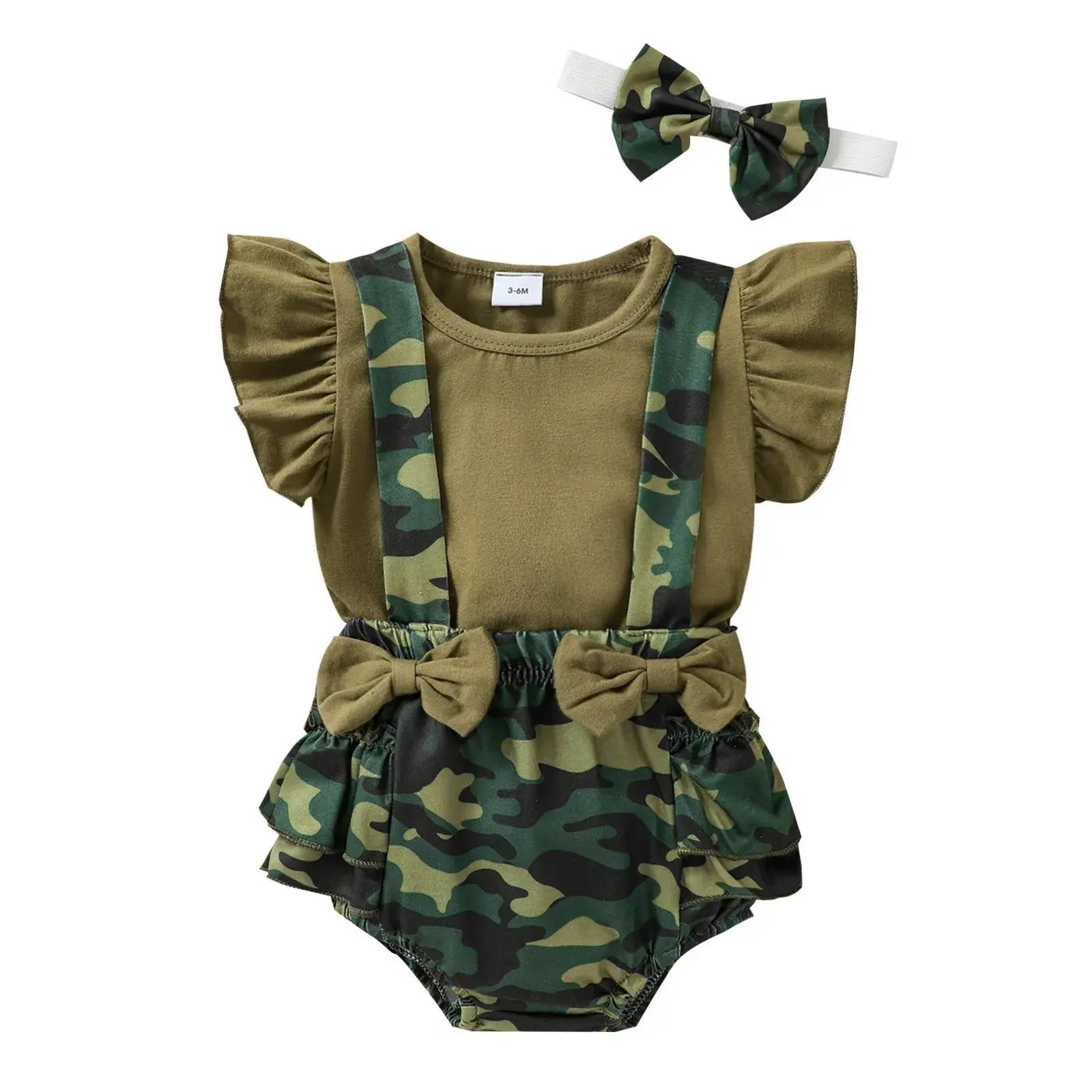 Baby Girls 3 - Piece Camo Outfit Set with Sleeveless Romper, Suspender Shorts, and Bow Headband - Honesty Sales