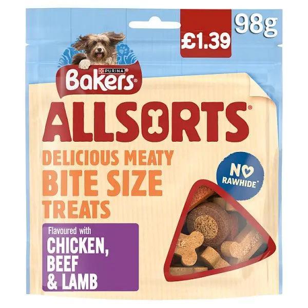 Bakers Allsorts Delicious Meaty Bite Size Treats Flavoured with Chicken, Beef & Lamb 98g (Case of 6) - Honesty Sales Image principale du produit