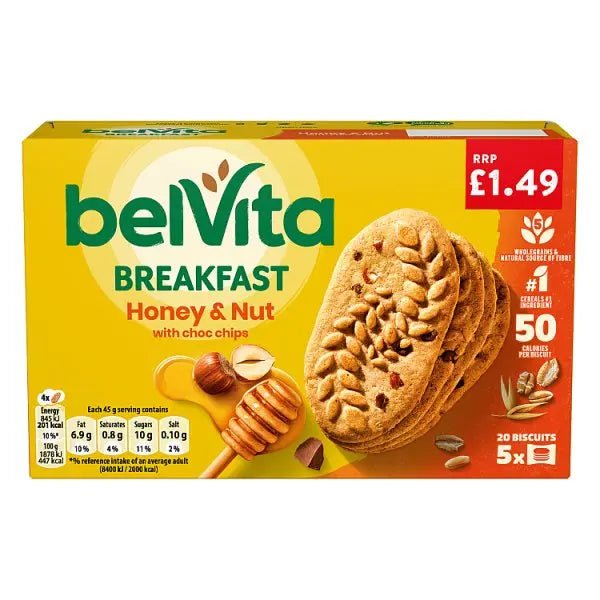 Belvita Breakfast Biscuits Honey & Nut with Choc Chips 5 Pack (Case of 10) - Honesty Sales