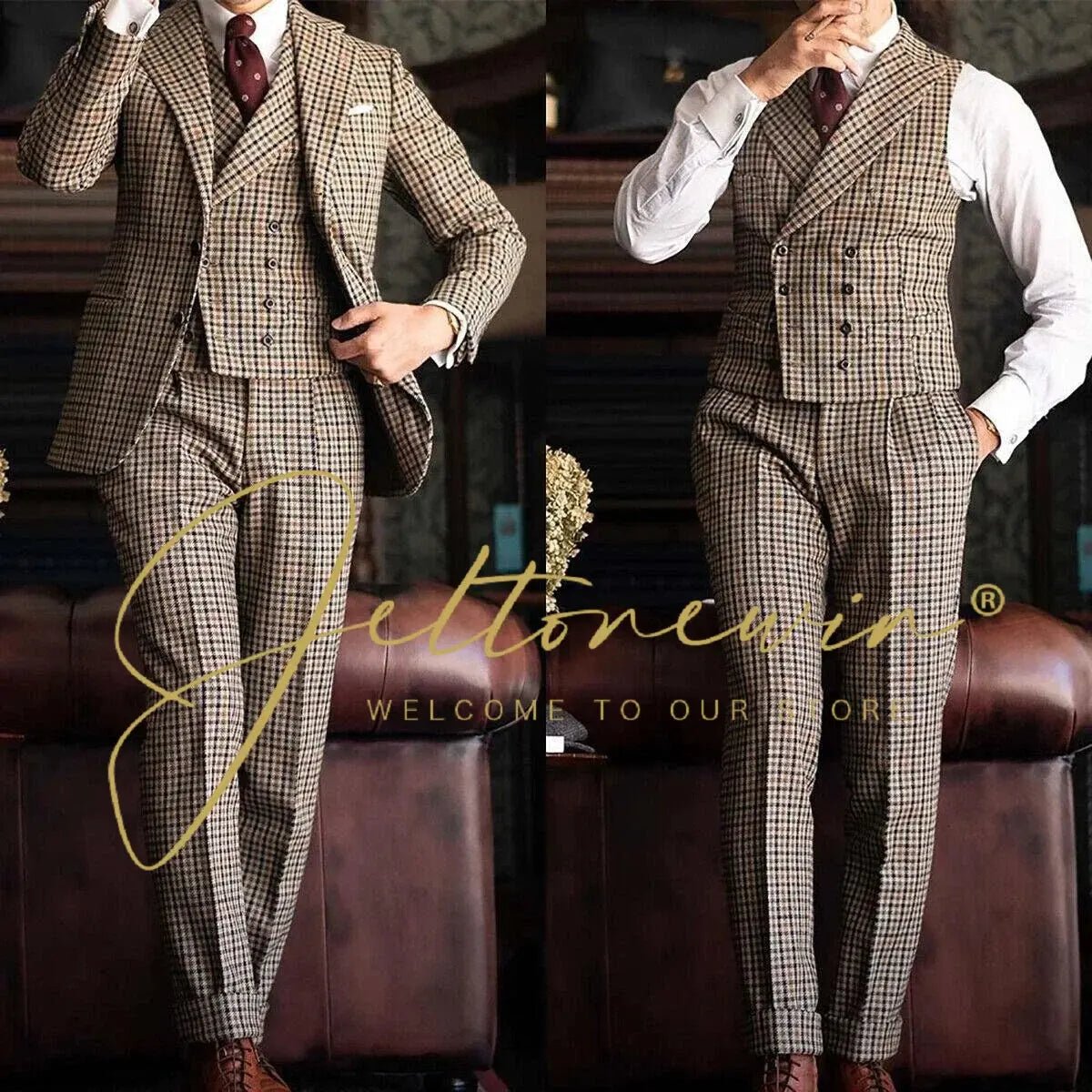 Brown Houndstooth 3 Piece Suit for Men Double Breasted Notch Lapel Slim Fit Classic Vintage Formal Wear Wedding Groom Business - Honesty Sales