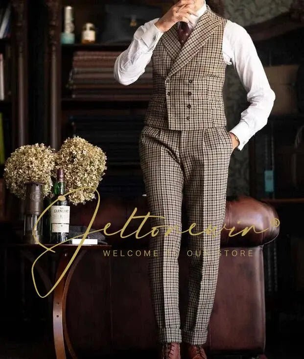 Brown Houndstooth 3 Piece Suit for Men Double Breasted Notch Lapel Slim Fit Classic Vintage Formal Wear Wedding Groom Business - Honesty Sales