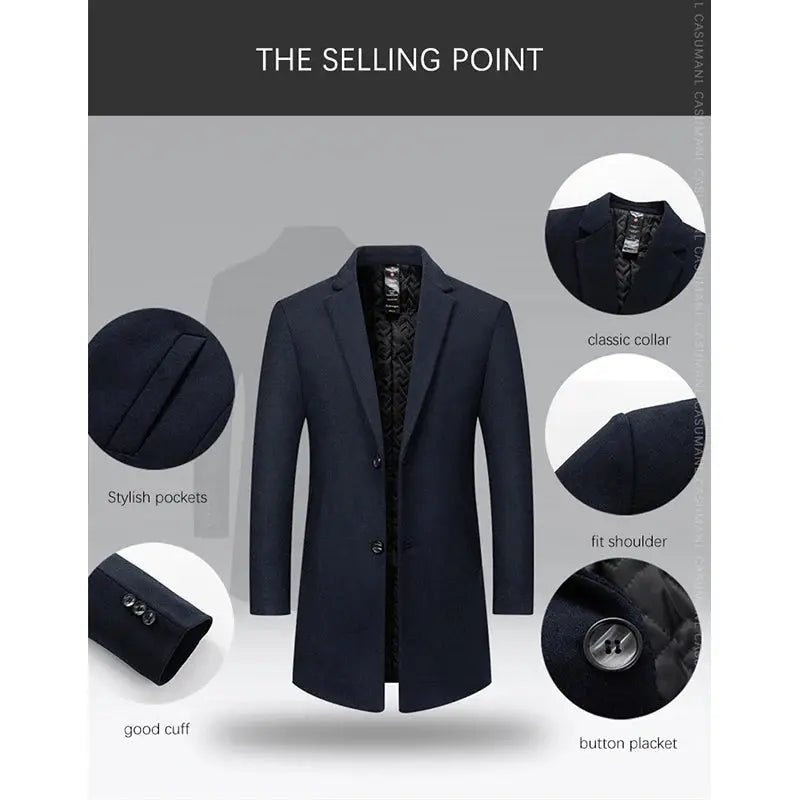 BROWON Men’s Winter Wool Overcoat – Elegant Smart Casual, Navy - Honesty Sales