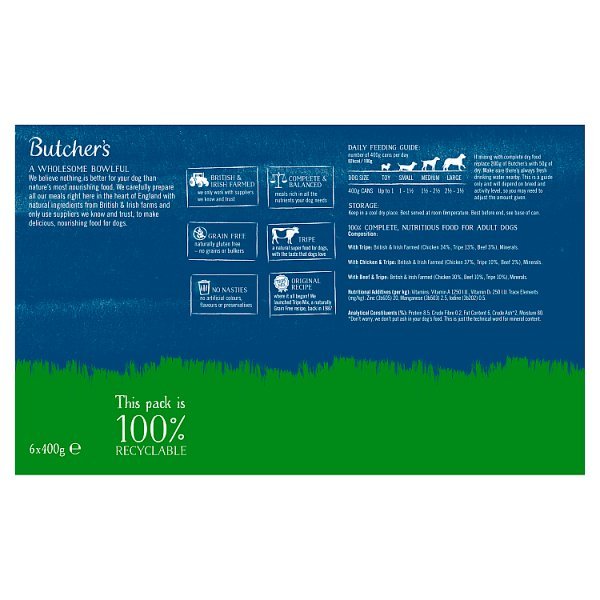 Butcher's Tripe Loaf Recipes Wet Dog Food Tins 6 x 400g (Case of 4) - Honesty Sales