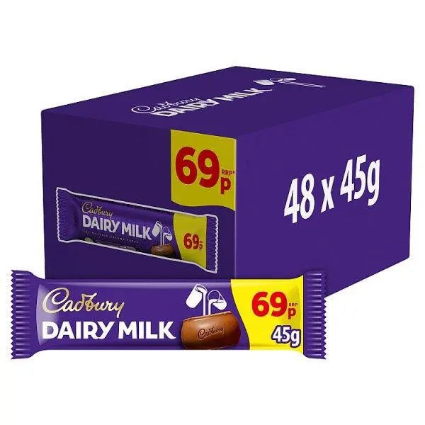Cadbury Dairy Milk Chocolate Bar 69p PMP 45g (Case of 48) - Honesty Sales