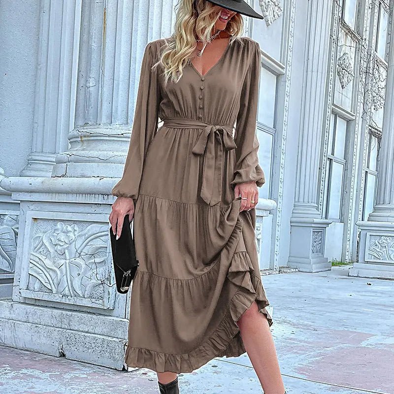 Casual Long Sleeve Solid Color Dress Draping Effect - Honesty Sales