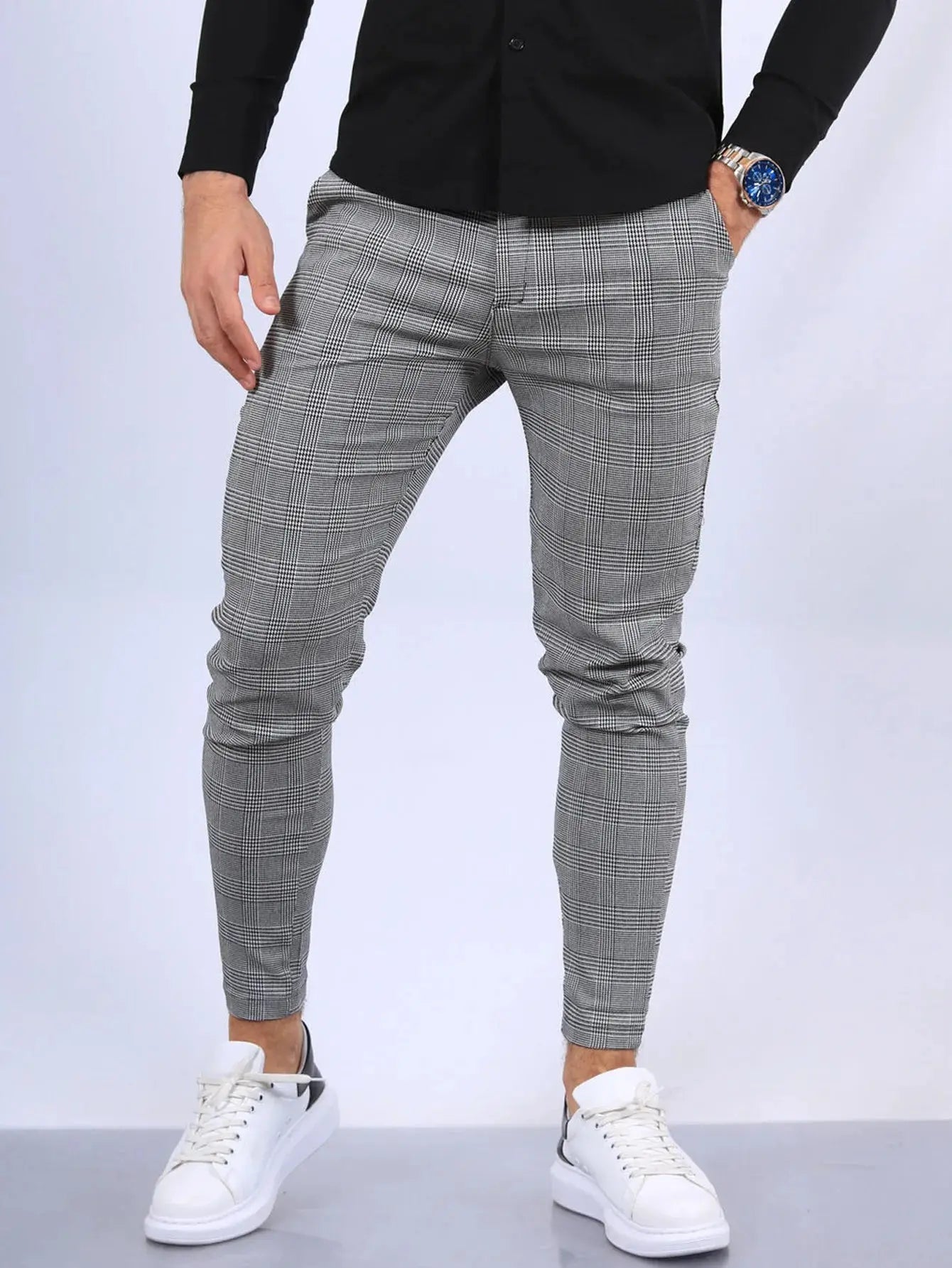 Casual Men's Business Cotton Slim Fit Men Pants Trousers Skinny Chinos Grey Ankle Length Street Wear Plaid Striped Pencil Pants - Honesty Sales