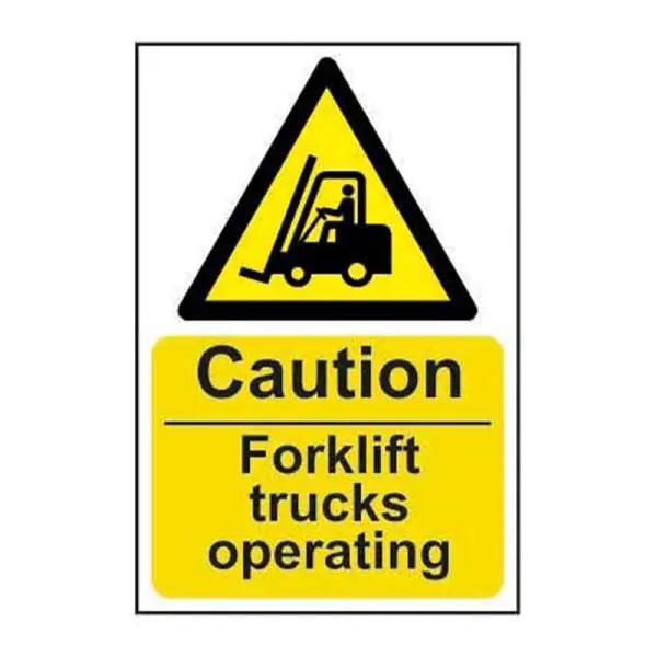 Caution Fork Lift Trucks Operating, 1.2mm Recyclable Polypropylene, W400mm x H600mm - Honesty Sales
