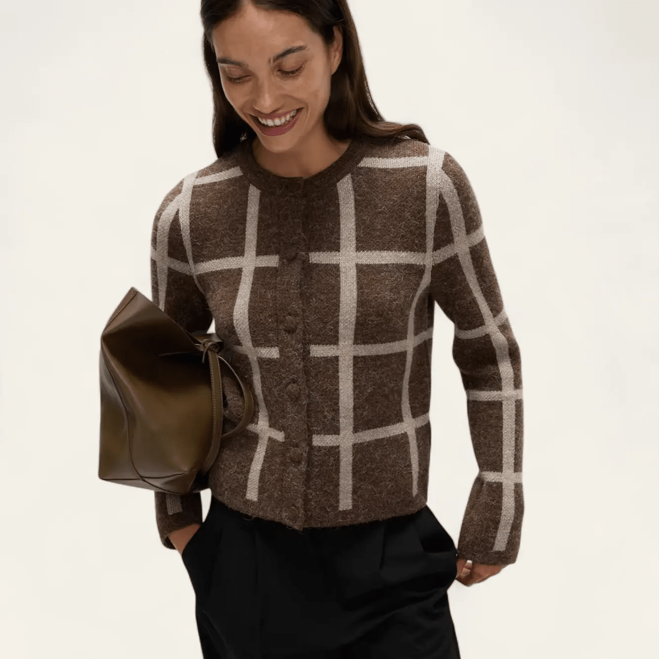 Checked Crew Neck Cardigan With Wool - Honesty Sales