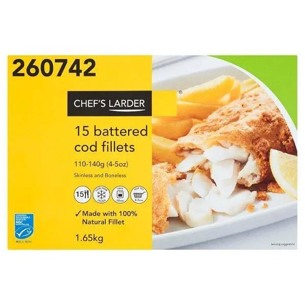Chefs Larder 15 Battered Cod Fillets 1.65kg - Honesty Sales