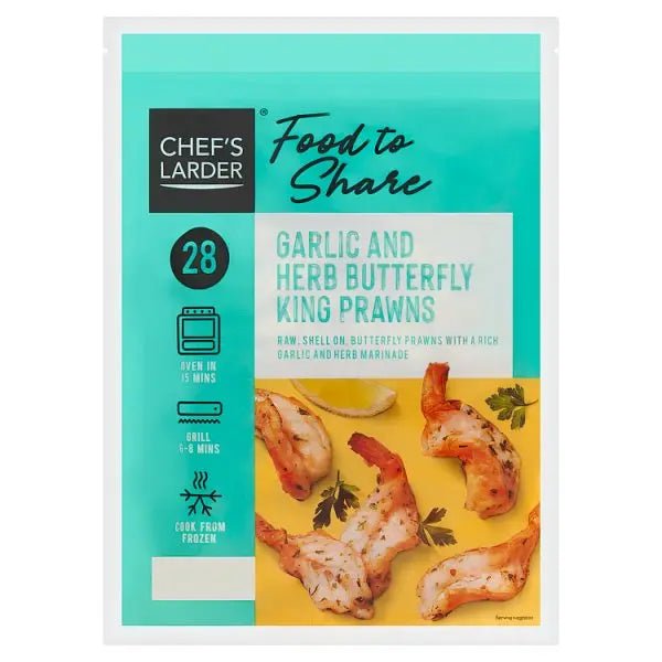 Chefs Larder 28 (approx.) Garlic and Herb Butterfly King Prawns 500g - Honesty Sales