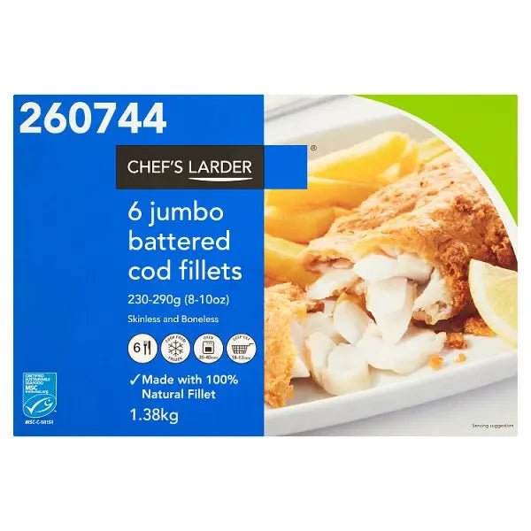 Chef's Larder 6 Jumbo Battered Cod Fillets 1.38kg - Honesty Sales