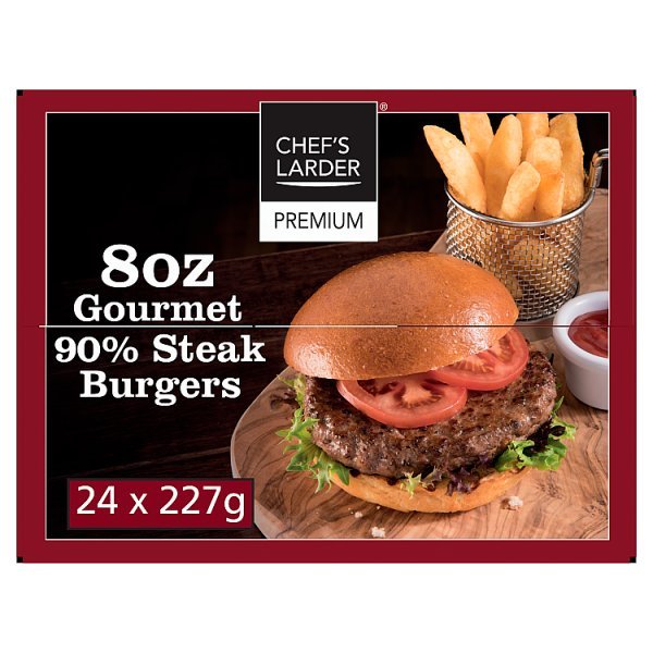 Chef's Larder Premium 8oz Gourmet 90% Steak Burgers 24 x 227g - Honesty Sales