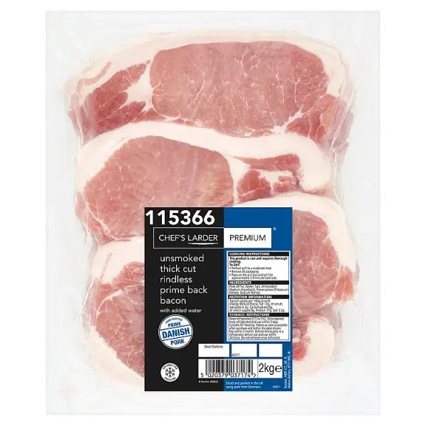 Chef's Larder Premium Unsmoked Thick Cut Rindless Prime Back Bacon 2kg - Honesty Sales