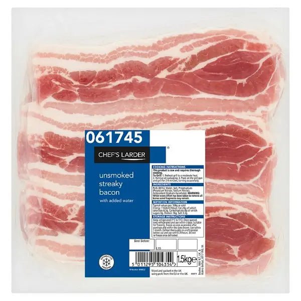 Chef's Larder Unsmoked Streaky Bacon 1.5kg - Honesty Sales