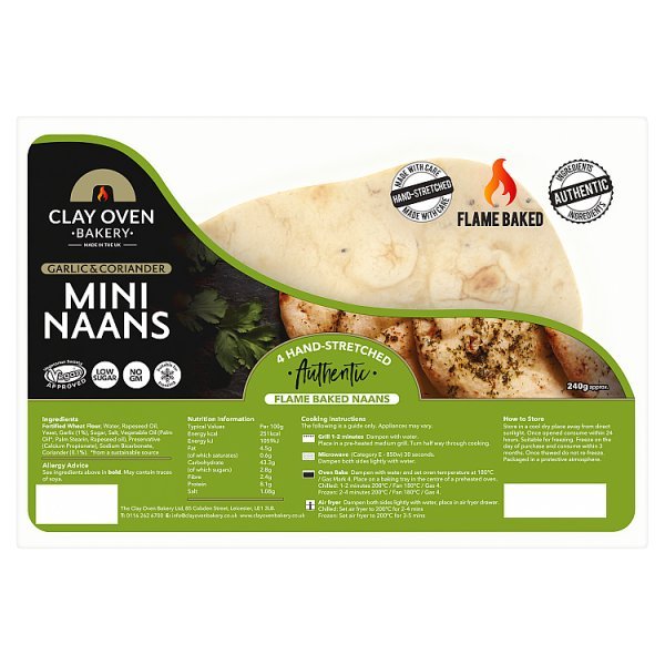 Clay Oven Bakery Garlic & Coriander Mini Naans 240g (1 x 4pk) - Honesty Sales