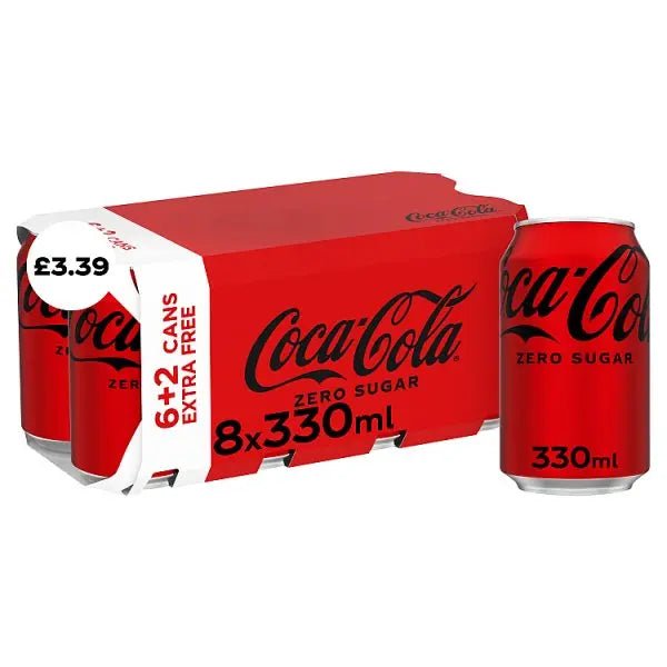 Coca - Cola Zero Sugar 8 x 330m Cans (6 + 2 x 330ml Extra Free) (Case of 3) - Honesty Sales