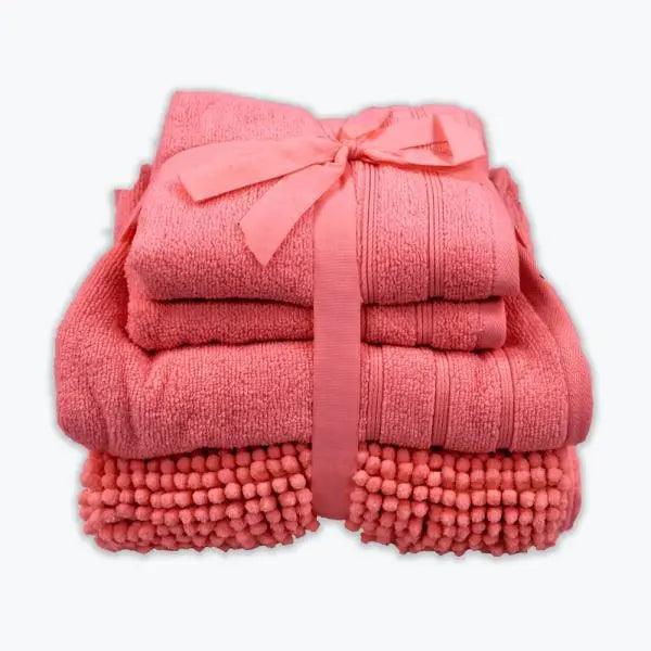 Coordinated Bobble Bath Mat & Towel Set - 4 Pack (Rose Pink) - Honesty Sales
