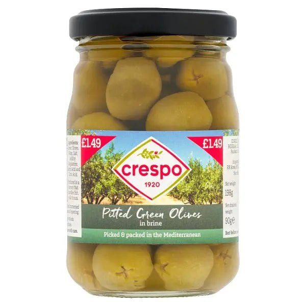 Crespo Pitted Green Olives in Brine 198g (Case of 6) - Honesty Sales
