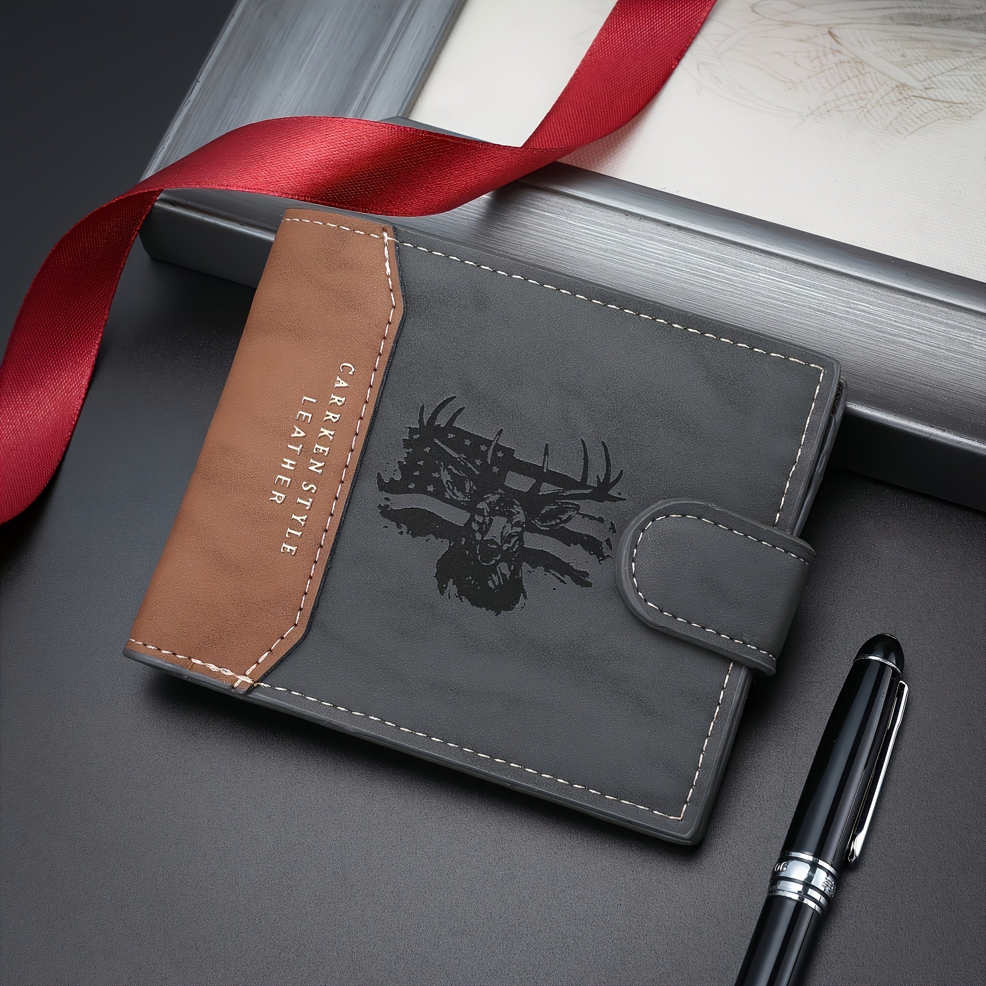 Customizable Men’s Faux Leather Wallet – Engraved Deer Head, Large - Capacity Card Holder with Gold Buckle (Vintage Brown) - Honesty Sales