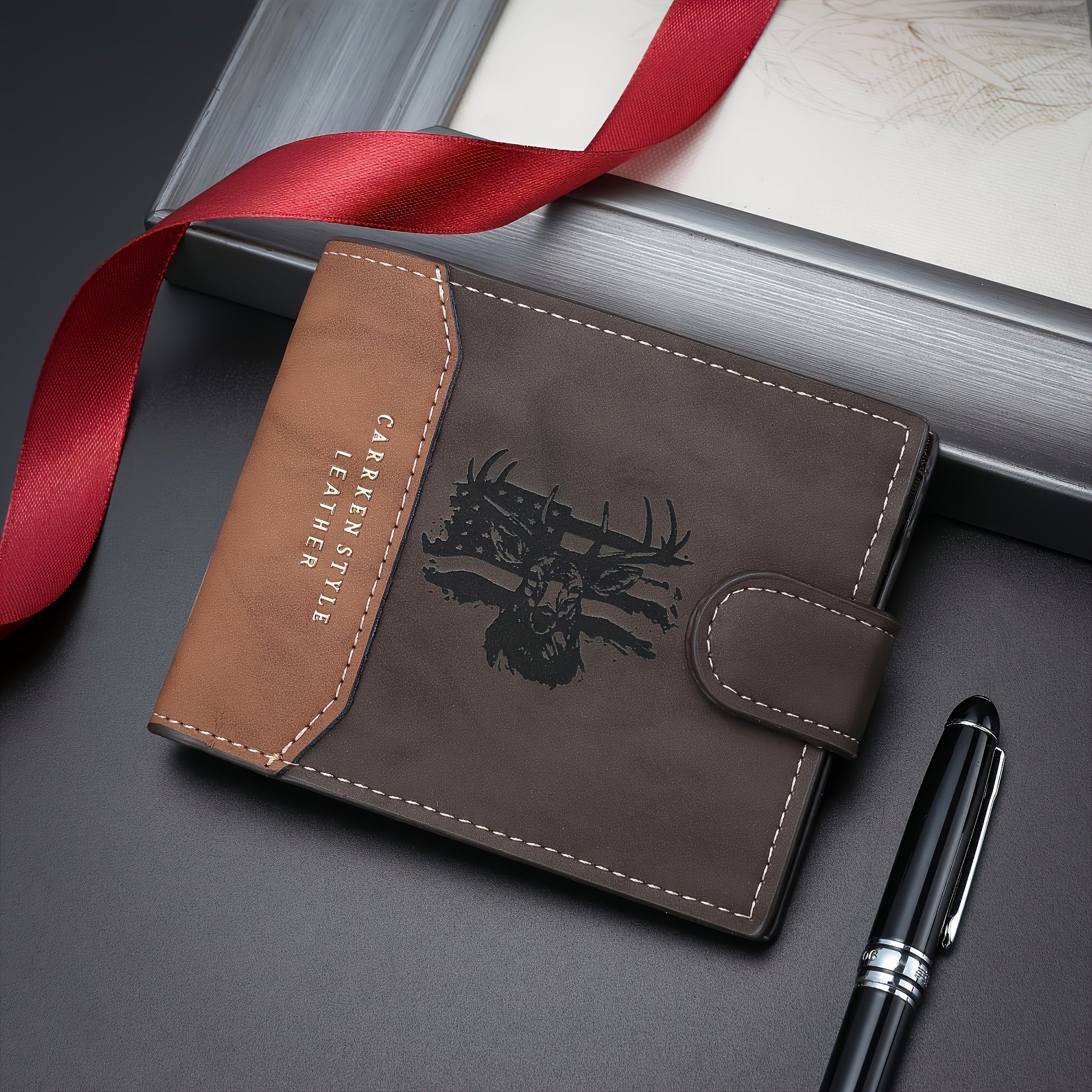 Customizable Men’s Faux Leather Wallet – Engraved Deer Head, Large - Capacity Card Holder with Gold Buckle (Vintage Brown) - Honesty Sales