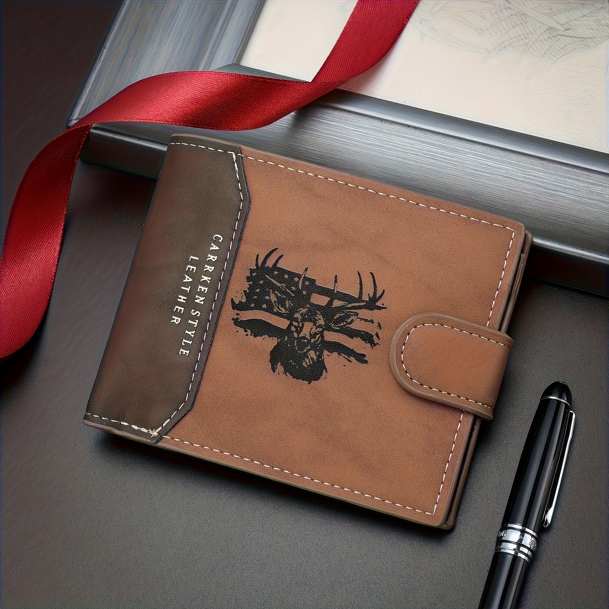 Customizable Men’s Faux Leather Wallet – Engraved Deer Head, Large - Capacity Card Holder with Gold Buckle (Vintage Brown) - Honesty Sales