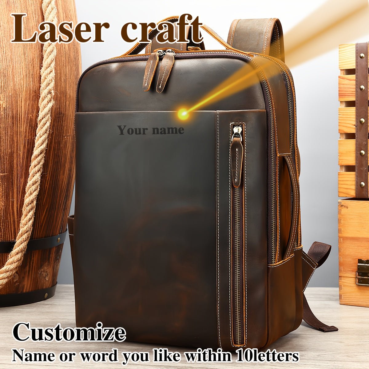 Customizable Men’s Genuine Leather Backpack – Vintage Brown Laptop Bag, Daily Commute & Travel - Honesty Sales