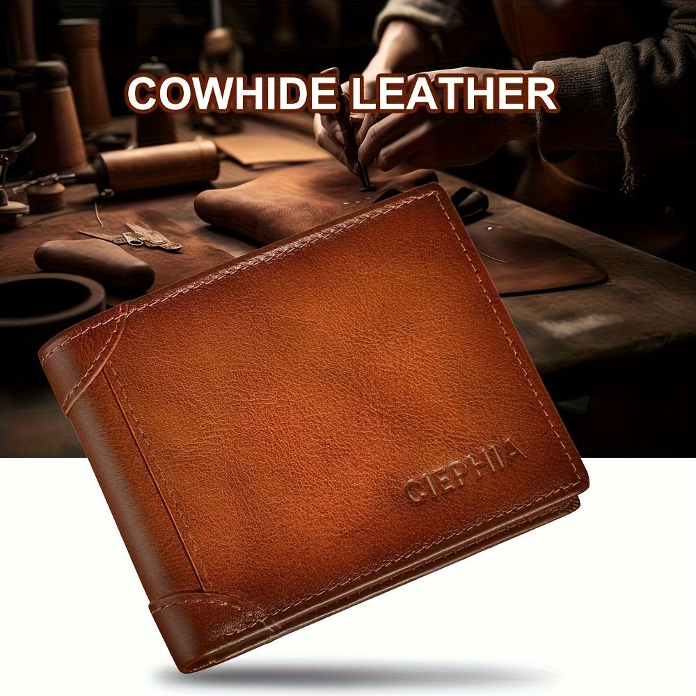 Customizable Men’s Genuine Leather RFID Wallet – Engraved Logo, Flip - Top Design with Multiple Card Slots (Brown, Vintage Style) - Honesty Sales