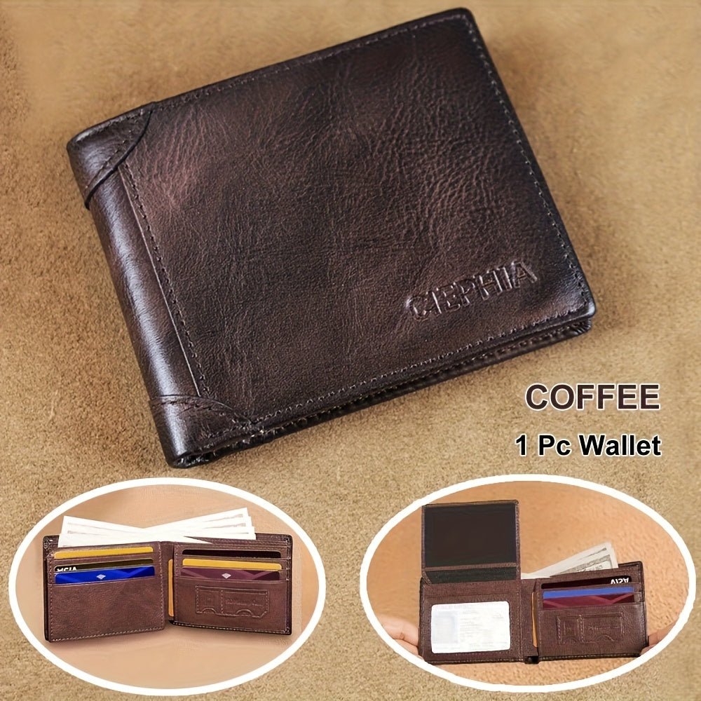Customizable Men’s Genuine Leather RFID Wallet – Engraved Logo, Flip - Top Design with Multiple Card Slots (Brown, Vintage Style) - Honesty Sales