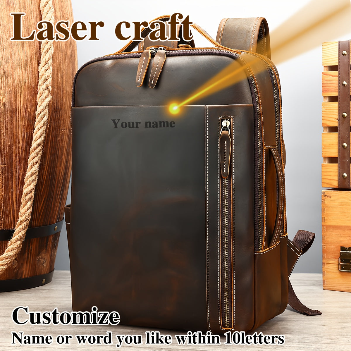 Customizable Men’s Genuine Leather Backpack – Vintage Brown Laptop Bag, Daily Commute & Travel Main image