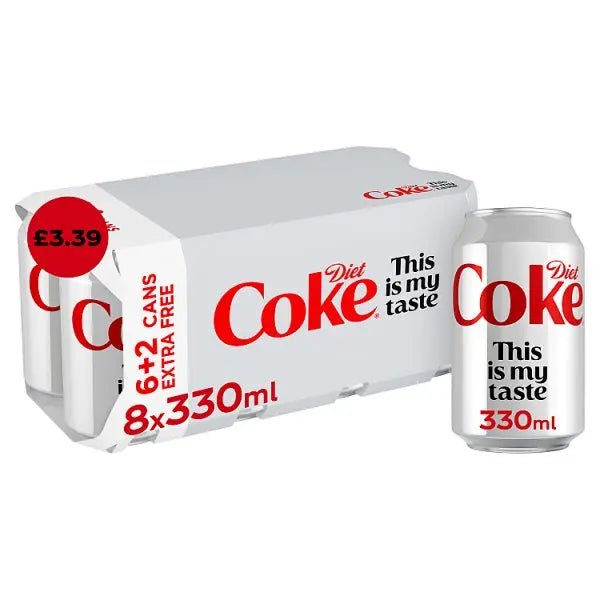 Diet Coke 8 x 330ml Cans (6 + 2 x 330ml Extra Free) (Case of 3) - Honesty Sales
