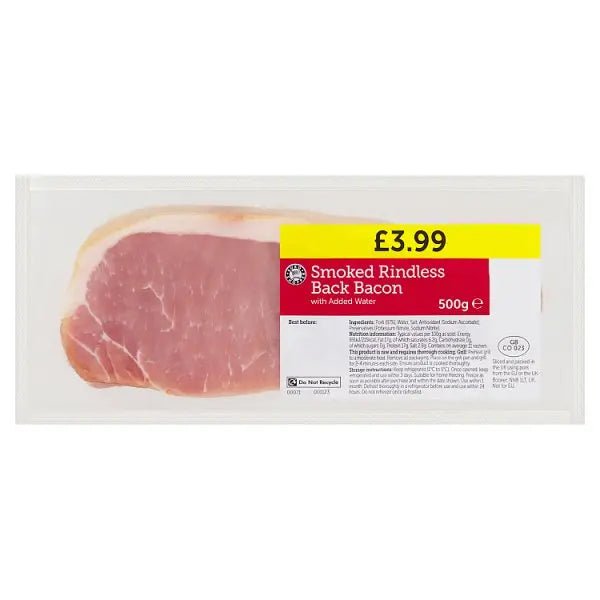 Euro Shopper Smoked Rindless Back Bacon with Added Water 500g - Honesty Sales